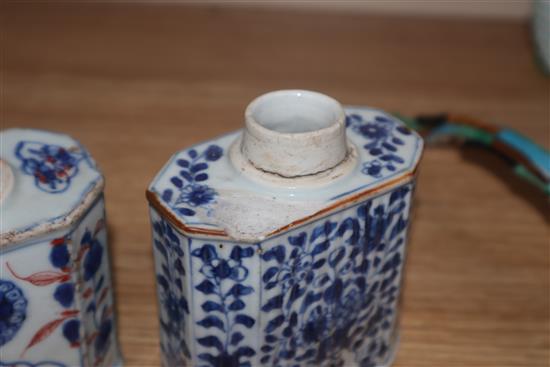 Three Chinese export tea caddies, Kangxi, two blue and white and one Imari palette